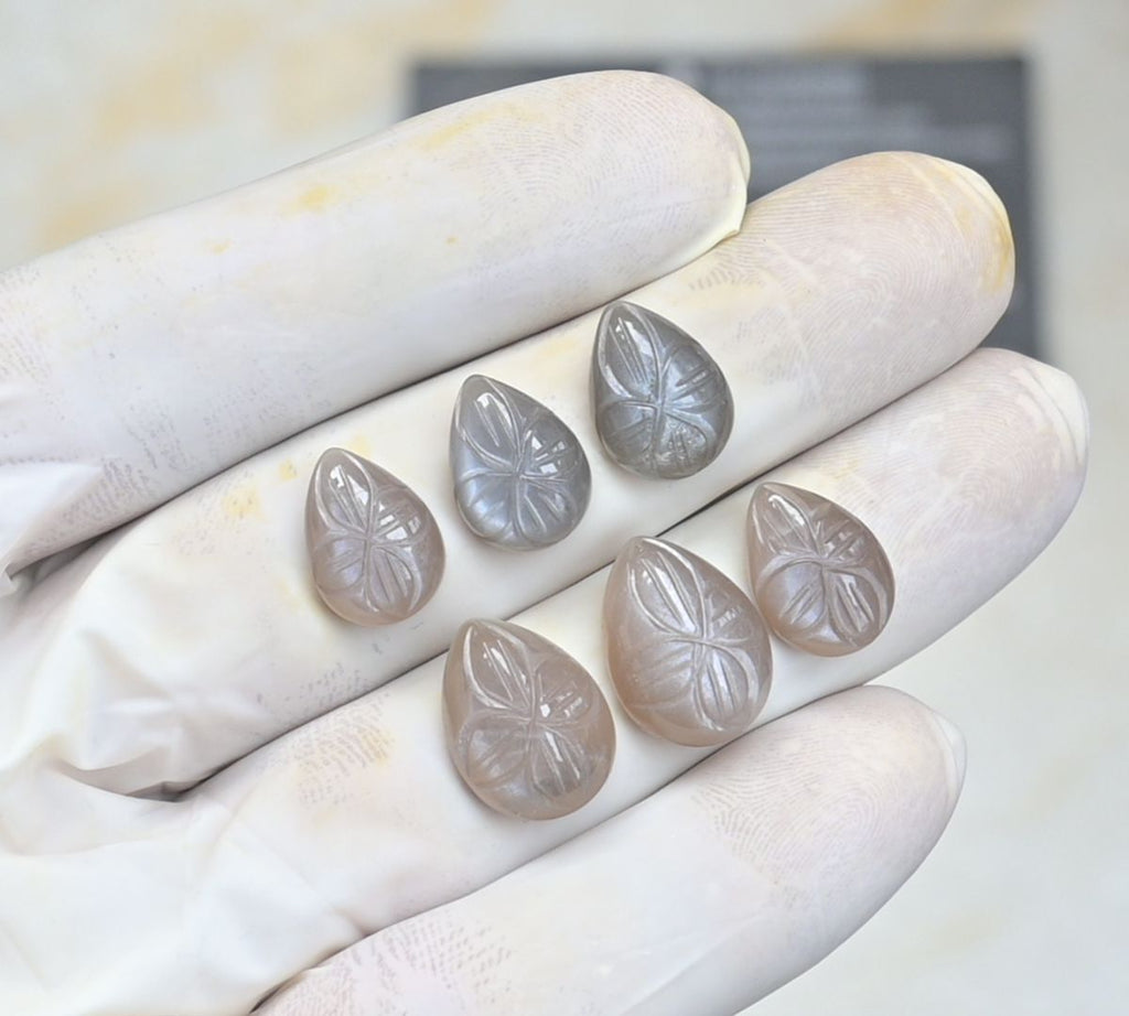 Natural Gray Moonstone Gemstone Hand Carved Pear Cabochon Loose Gemstone For Jewelry Making Wholesalegems 14-16 MM Size 3 Pair SM25480