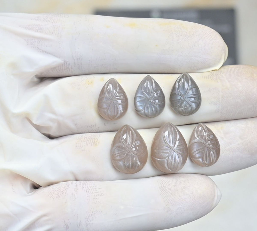 Natural Gray Moonstone Gemstone Hand Carved Pear Cabochon Loose Gemstone For Jewelry Making Wholesalegems 14-16 MM Size 3 Pair SM25480