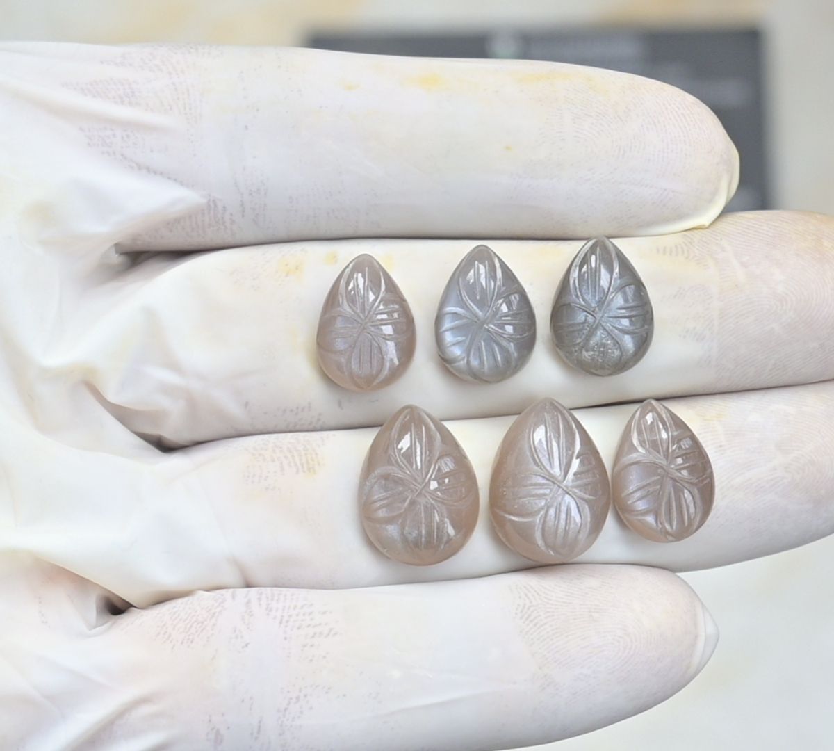 Natural Gray Moonstone Gemstone Hand Carved Pear Cabochon Loose Gemstone For Jewelry Making Wholesalegems 14-16 MM Size 3 Pair SM25480