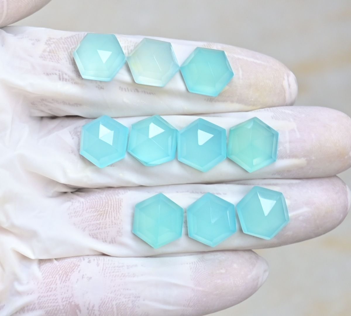 Natural Aqua Chalcedony Gemstone Step Cut Hexagon Shape Cabochon High Quality Loose Gemstones For Jewelry Making 13 MM Size 10 Pcs V3977
