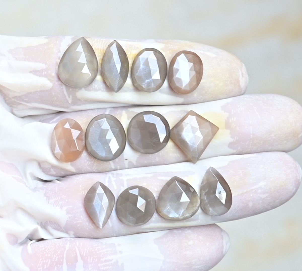 Natural Gray Moonstone Gemstone Rose Cut Mix Shape Cabochon High Quality Loose Gemstones For Jewelry Making 11-15 MM Size 12 Pcs V3985