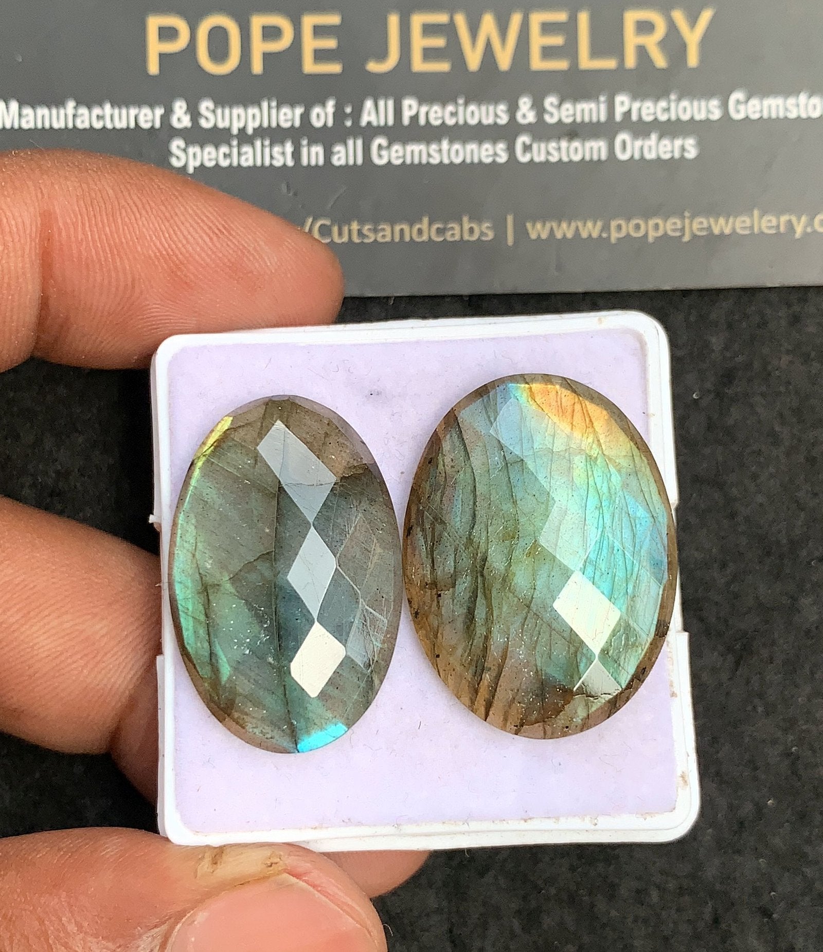 Natural Labradorite Gemstone Checker Cut Oval Shape Cabochon High Quality Loose Gemstones For Jewelry Making 27-28 MM Size 2 Pcs V3694