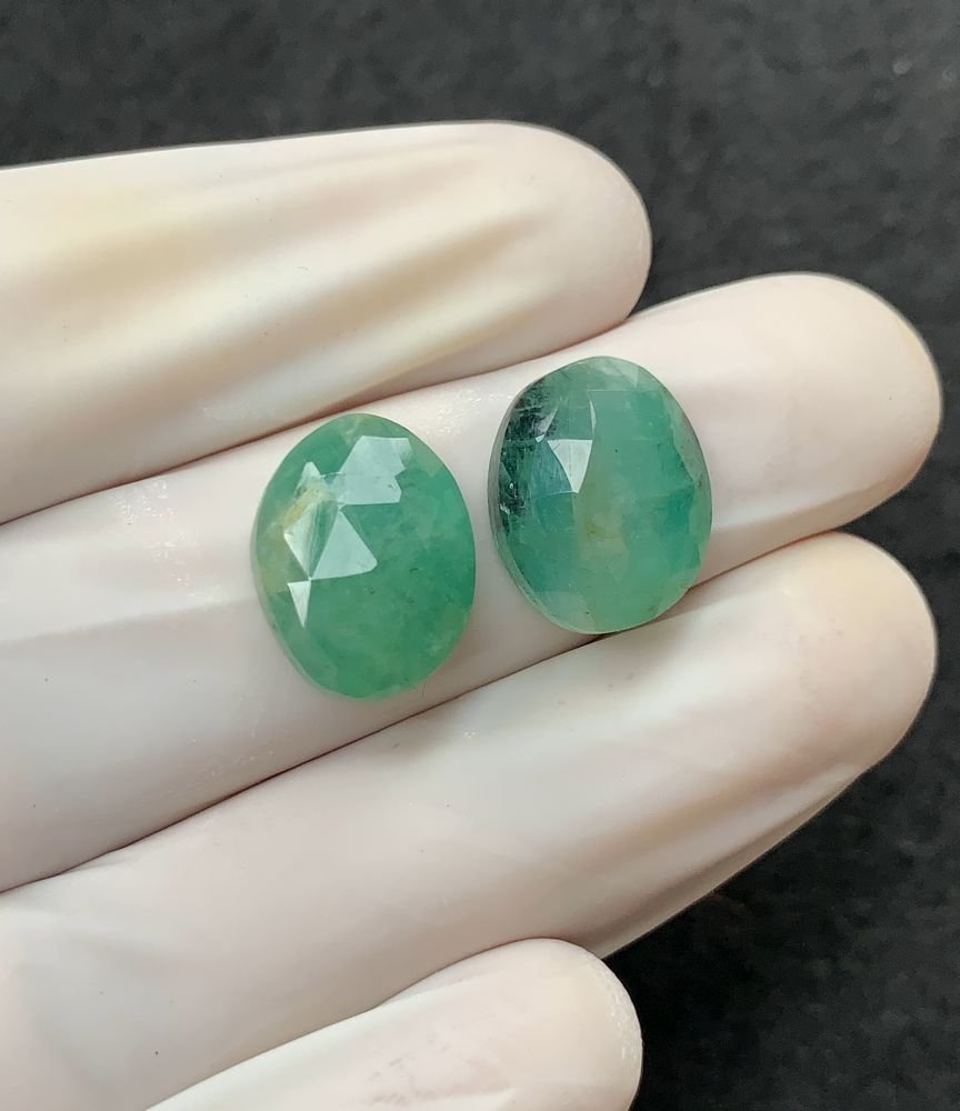 Natural Emerald Gemstone Rose Cut Oval Shape Cabochon High Quality Loose Gemstones For Jewelry Making 14-15 MM Size 2 Pcs V2549