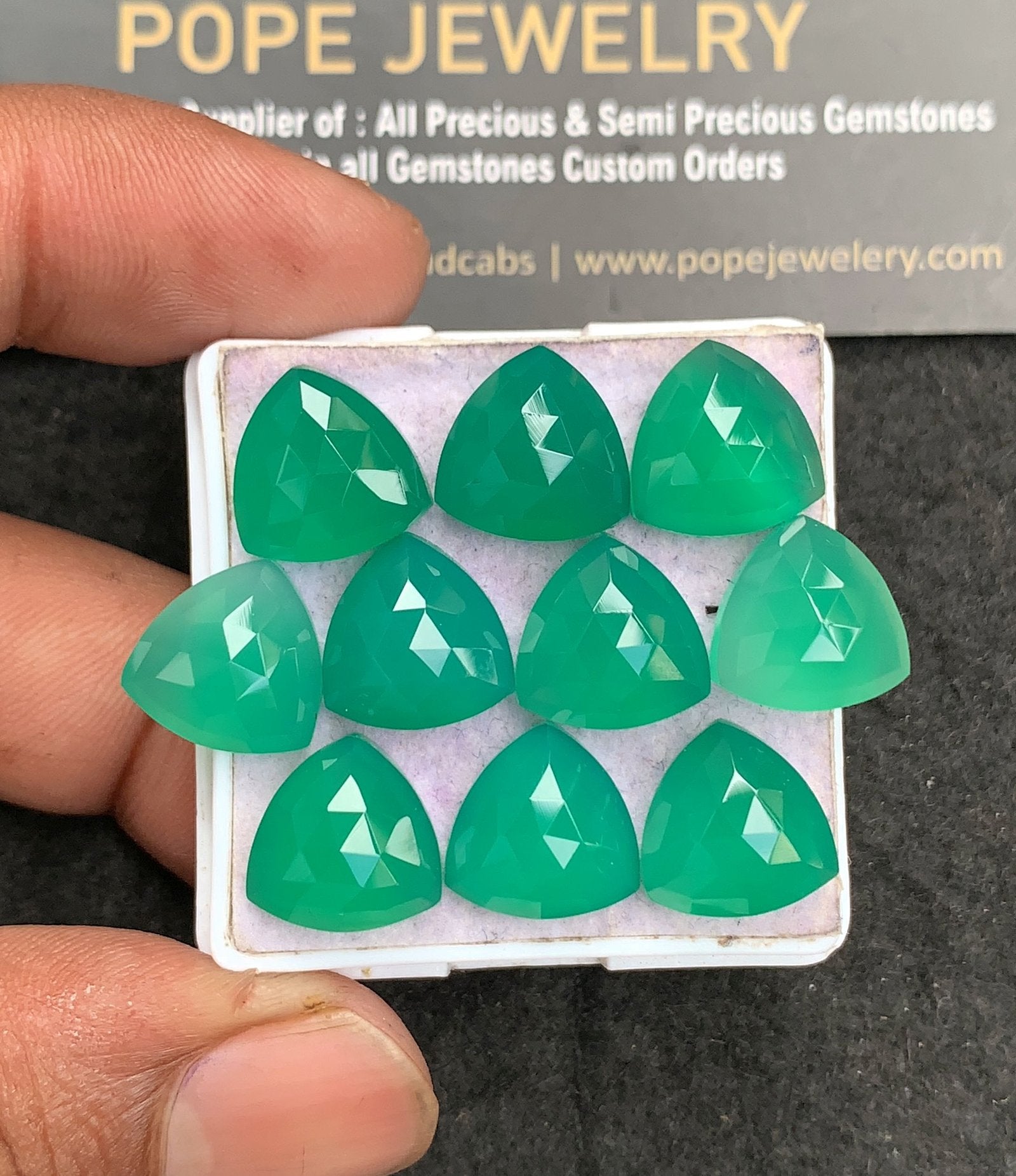 Natural Green Onyx Gemstone Rose Cut Trillion Shape Cabochon High Quality Loose Gemstones For Jewelry Making 12 MM Size 8 Pcs V3577