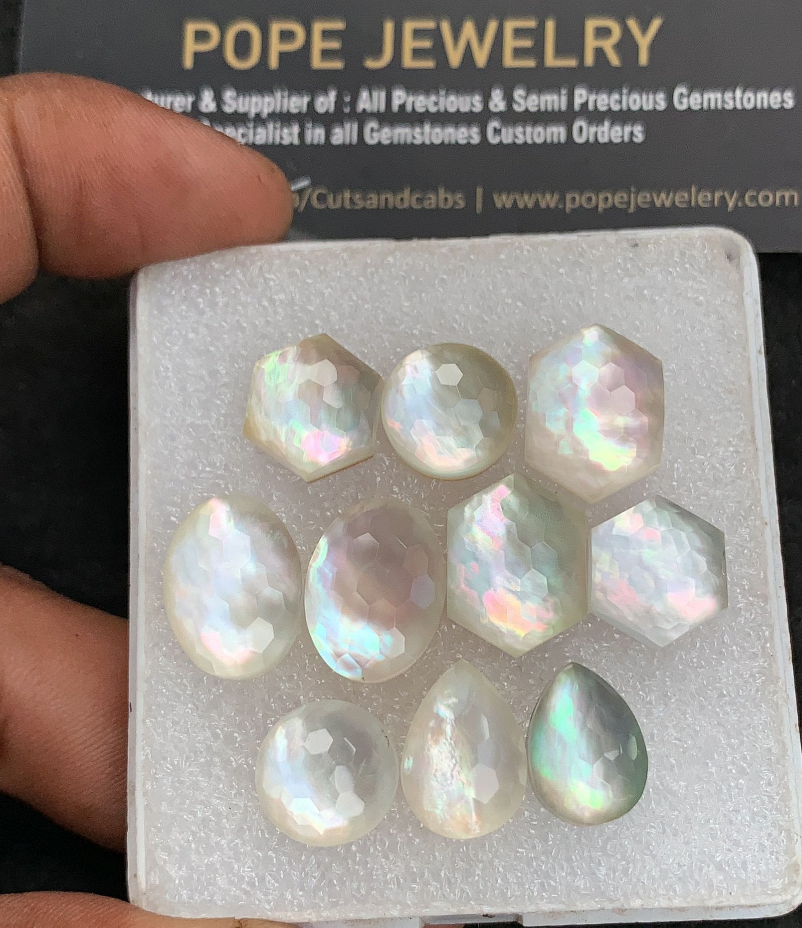 Natural Mother Of Pearl Gemstone Honey Comb Cut Mix Shape Cabochon High Quality Loose Gemstone For Jewelry Making Wholesalegems 12-16 MM Size 5 Pair V2647