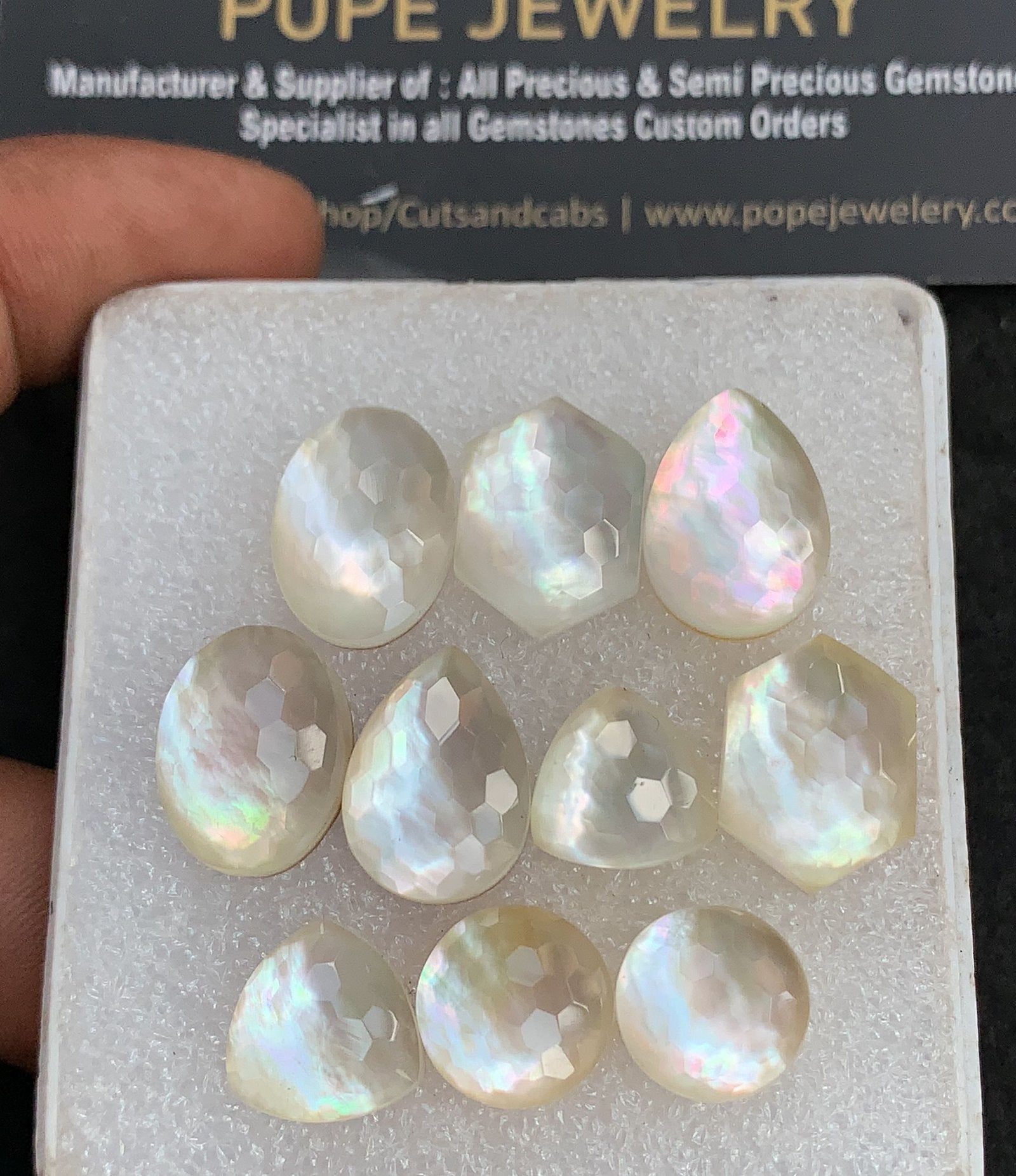 Natural Mother Of Pearl Gemstone Honey Comb Cut Mix Shape Cabochon High Quality Loose Gemstone For Jewelry Making Wholesalegems 12-16 MM Size 5 Pair V2648