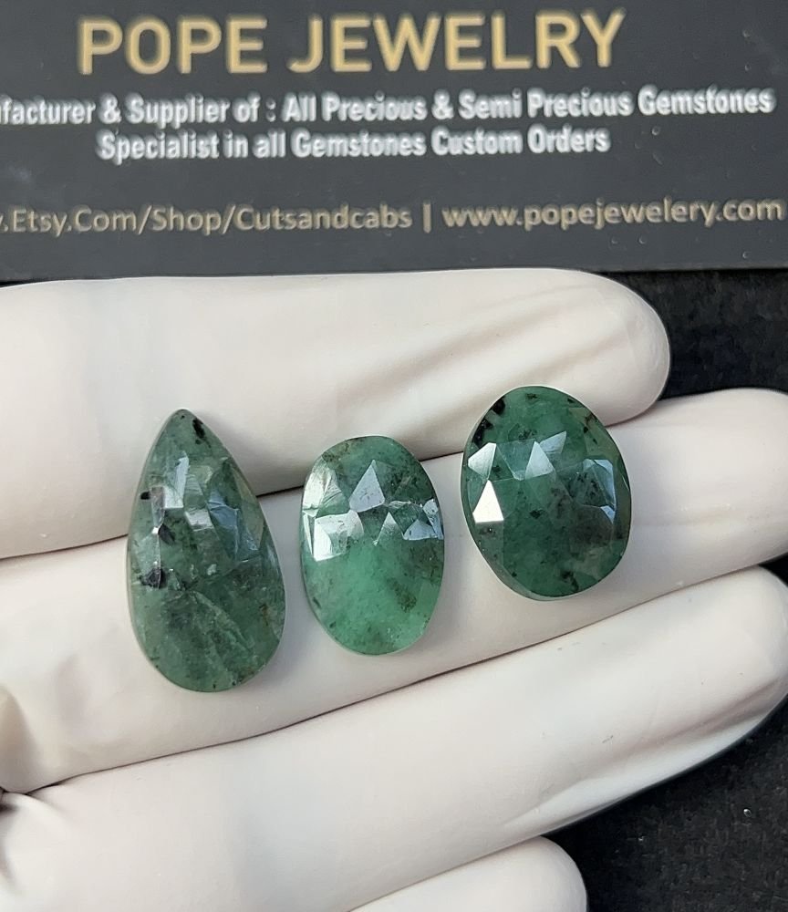 Natural Emerald Gemstone Rose Cut Mix Shape Cabochon High Quality Loose Gemstones For Jewelry Making 17-22 MM Size 3 Pcs V2558