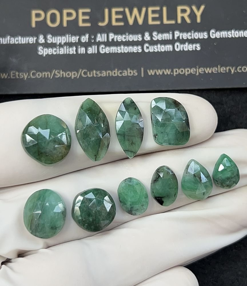 Natural Emerald Gemstone Rose Cut Mix Shape Cabochon High Quality Loose Gemstones For Jewelry Making 9-16 MM Size 10 Pcs V2560