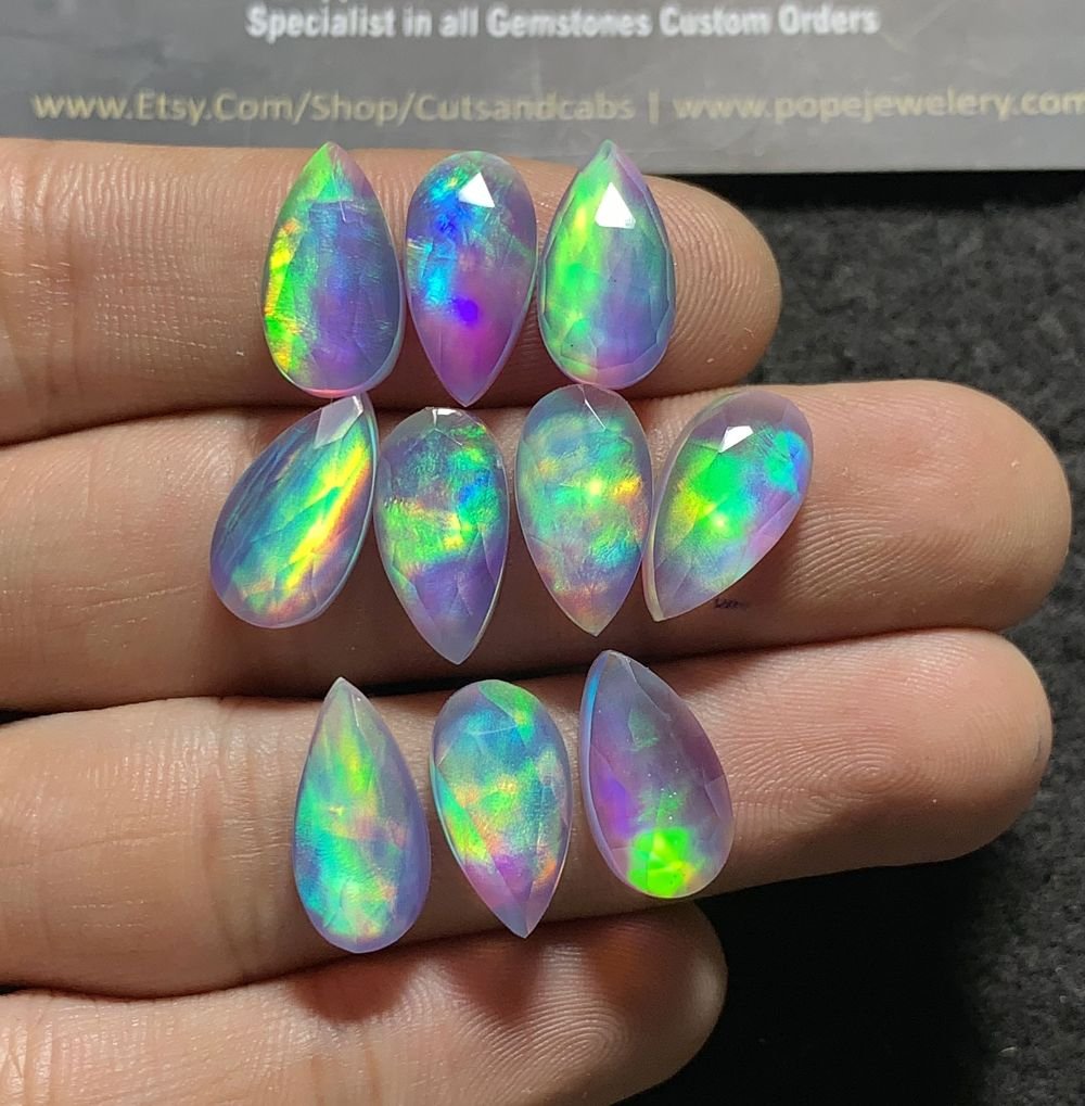 Aurora Opal & Natural Himalayan Rock Crystal Quartz Doublets Rose Cut Teardrop Shape Cabochon Aurora Opal Cabochons Loose Gemstones for Jewlery Making 15x8 MM 10 Pcs SM23593