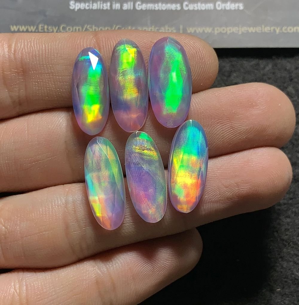 Aurora Opal & Natural Himalayan Rock Crystal Quartz Doublets Rose Cut Oval Shape cabochons Aurora Opal Cabochons Loose Gemstones for Jewlery Making 20x10 MM 6 Pcs SM23595
