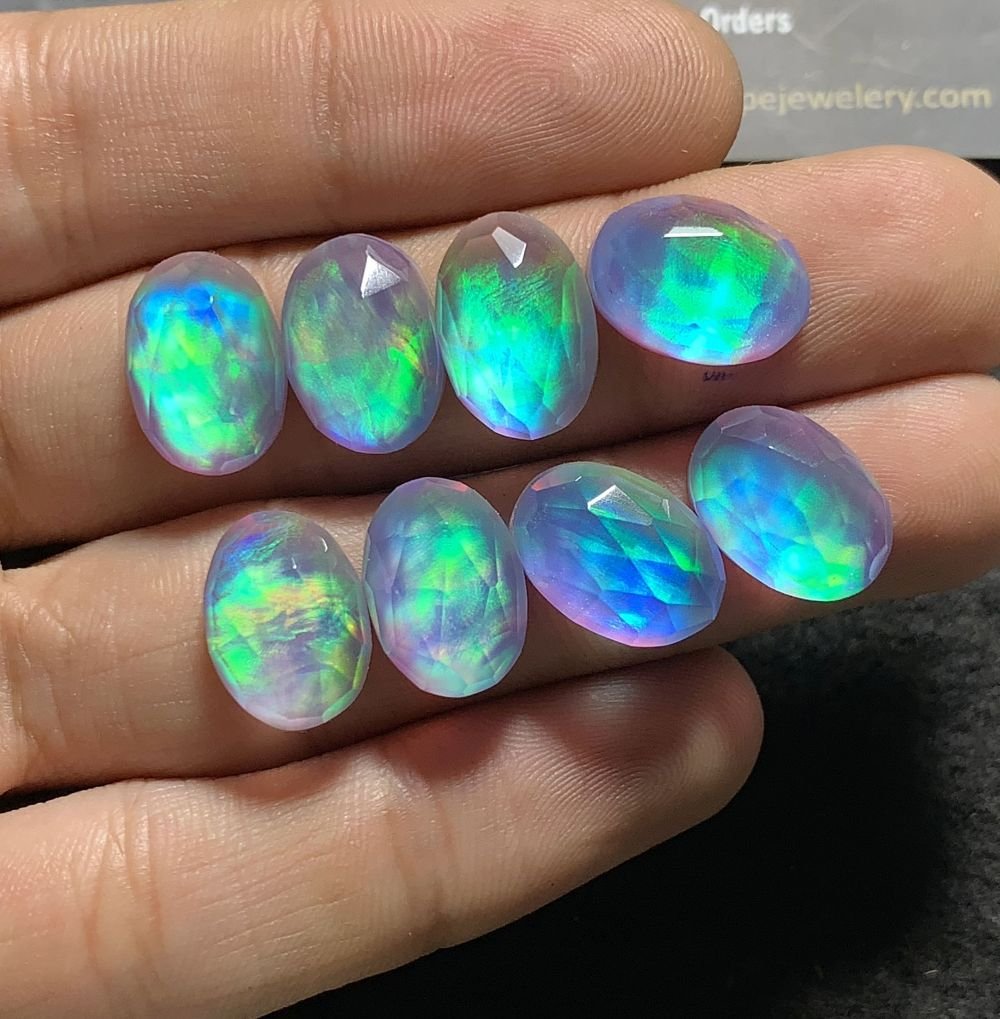 Aurora Opal & Natural Himalayan Rock Crystal Quartz Doublets Rose Cut Oval Shape cabochons Aurora Opal Cabochons Loose Gemstones for Jewelery Making 14x10 MM 8 Pcs SM23597