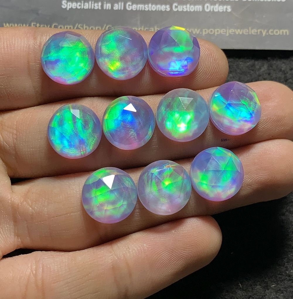 Aurora Opal & Natural Himalayan Rock Crystal Quartz Doublets Rose Cut Round Shape cabochons Aurora Opal Cabochons Loose Gemstones for Jewelery Making 12x12 MM 10 Pcs SM23604