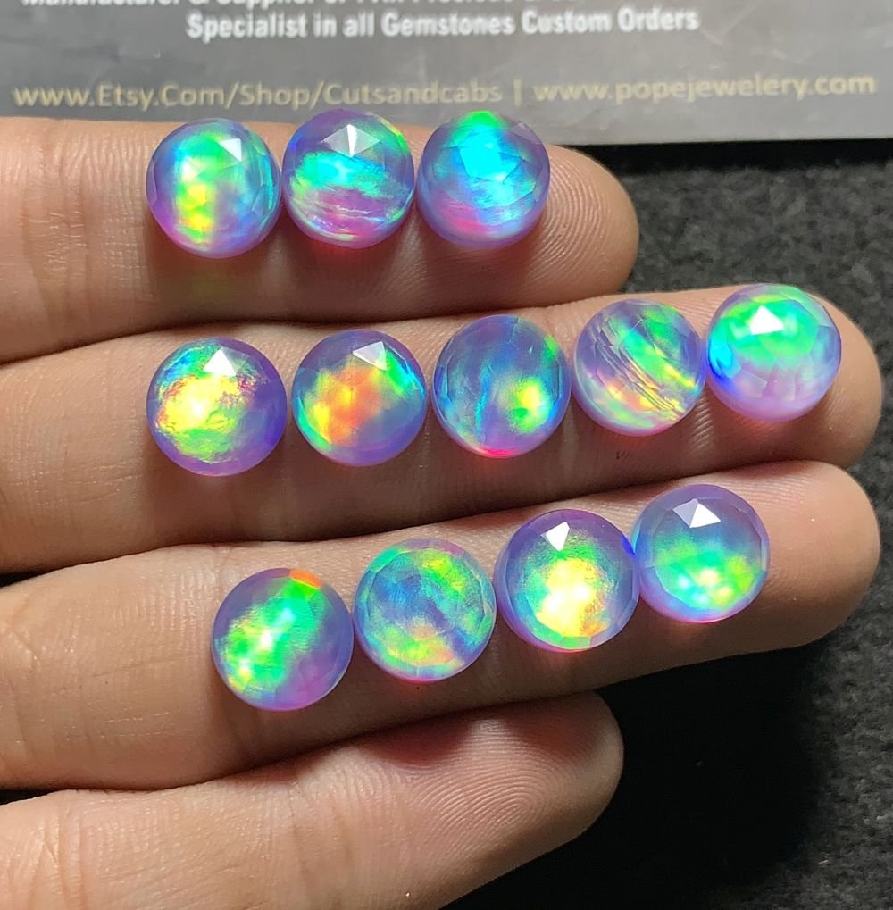 Aurora Opal & Natural Himalayan Rock Crystal Quartz Doublets Rose Cut Round Shape cabochons Aurora Opal Cabochons Loose Gemstones for Jewelery Making 10x10 MM 12 Pcs SM23605