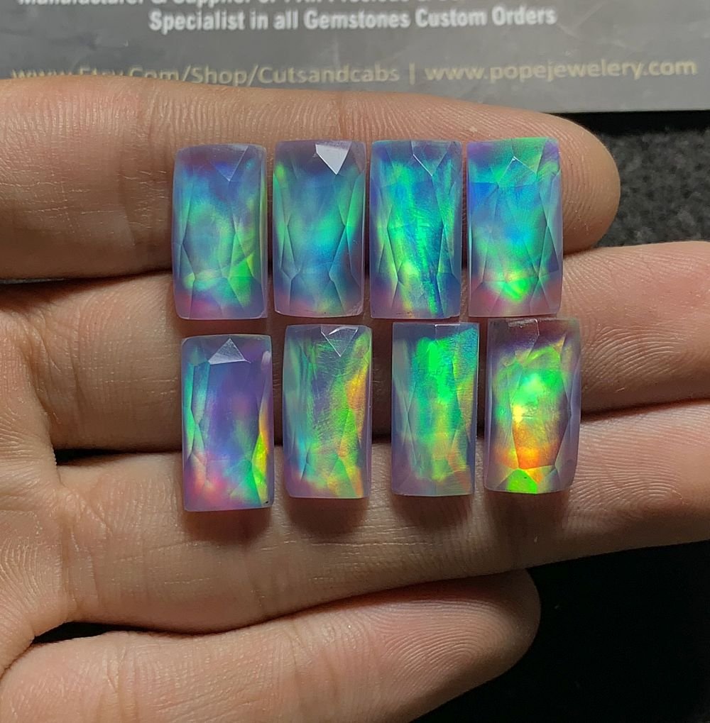 Aurora Opal & Natural Himalayan Rock Crystal Quartz Doublets Rose Cut Rectangle Shape cabochons Aurora Opal Cabochons Loose Gemstones for Jewelery Making 16x8 MM 8 Pcs SM23606 (Copy)