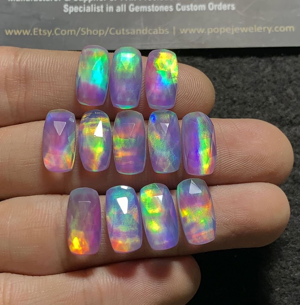 Aurora Opal & Natural Himalayan Rock Crystal Quartz Doublets Rose Cut Rectangle Shape cabochons Aurora Opal Cabochons Loose Gemstones for Jewelery Making 14x7 MM 12 Pcs SM23607