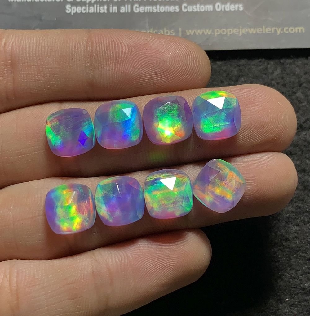 Aurora Opal & Natural Himalayan Rock Crystal Quartz Doublets Rose Cut cushion Shape cabochons Aurora Opal Cabochons Loose Gemstones for Jewelery Making 10x10 MM 8 Pcs SM23608