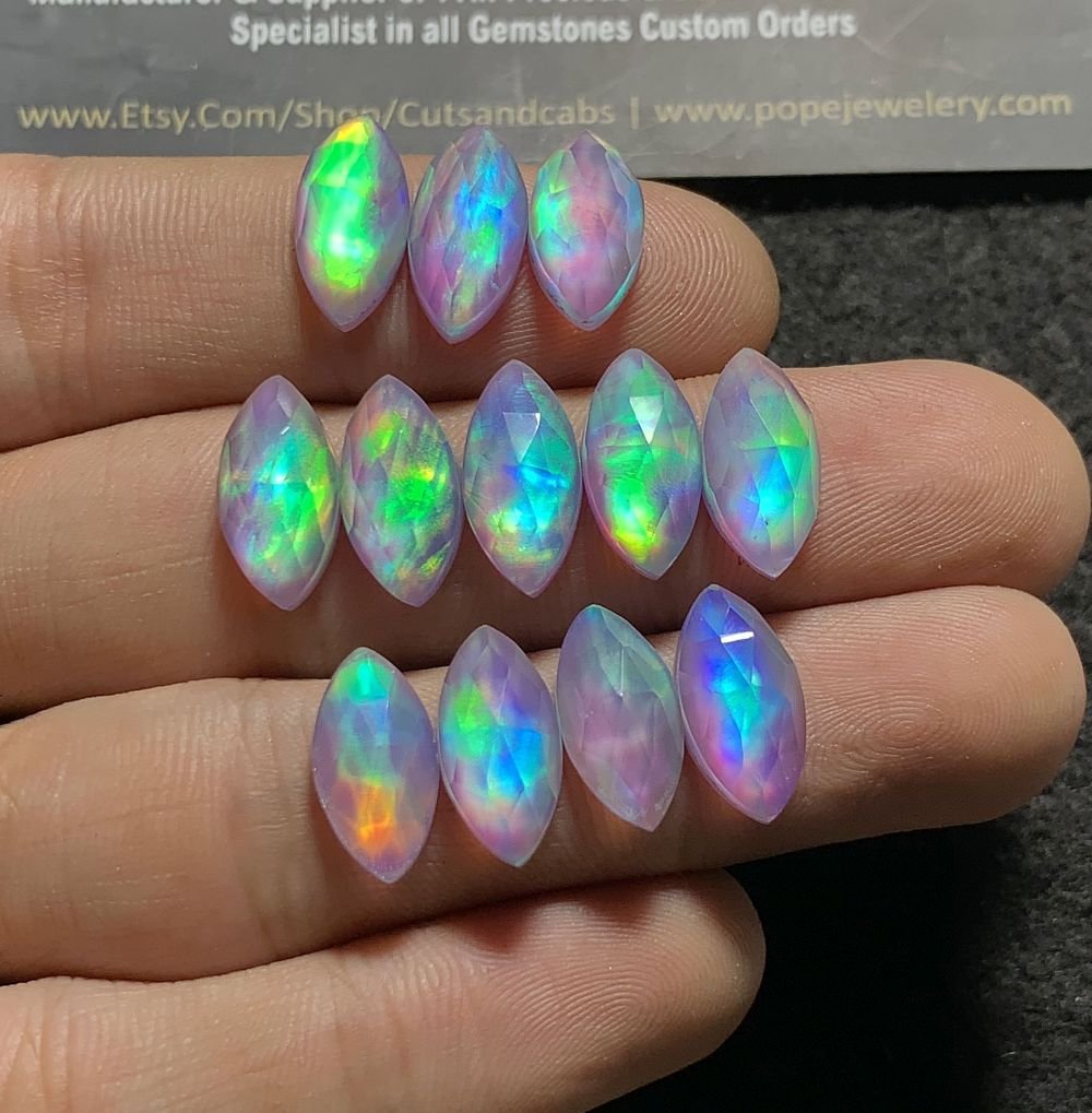 Aurora Opal & Natural Himalayan Rock Crystal Quartz Doublets Rose Cut Marquise Shape cabochons Aurora Opal Cabochons Loose Gemstones for Jewelery Making 14x7 MM 12 Pcs SM23609