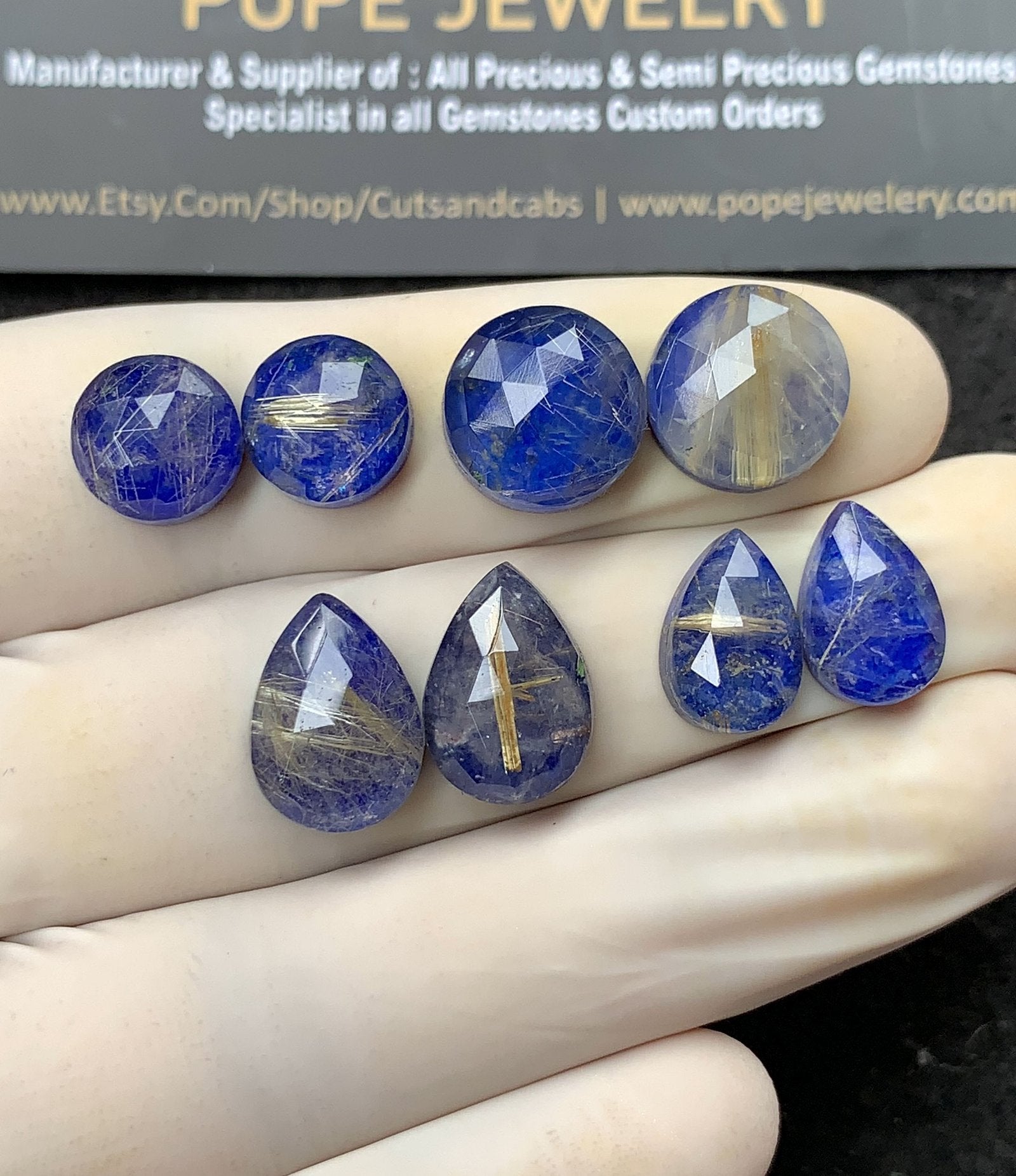 Natural Lapis & Golden Rutile Doublet Gemstone Rose Cut Mix Shape Cabochon High Quality Loose Gemstones For Jewelry Making 10-14 MM Size 4 pair SM24807