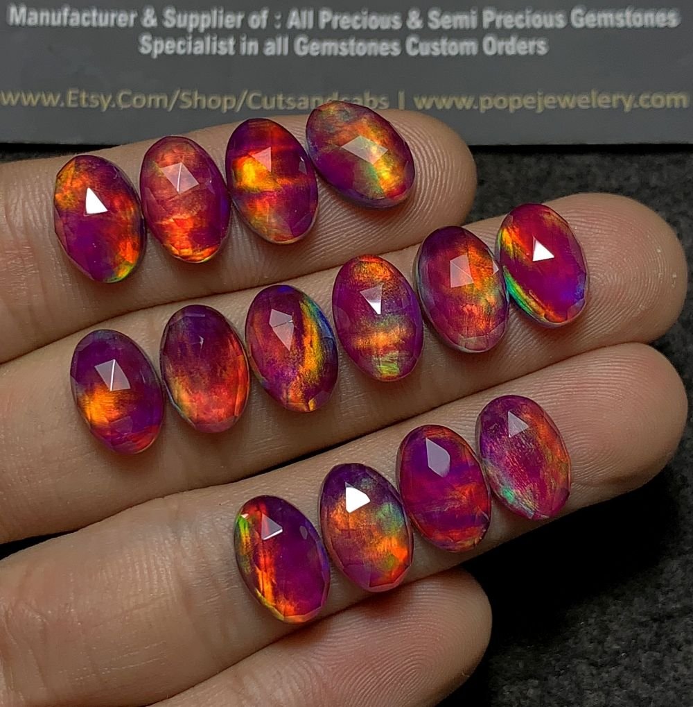 Purple Aurora Opal & Natural Himalayan Rock Crystal Quartz Doublets Rose Cut Oval Shape Cabochons Aurora Opal Cabochons Loose Gemstones for Jewellery Making 12x8 MM 14 Pcs SM23653