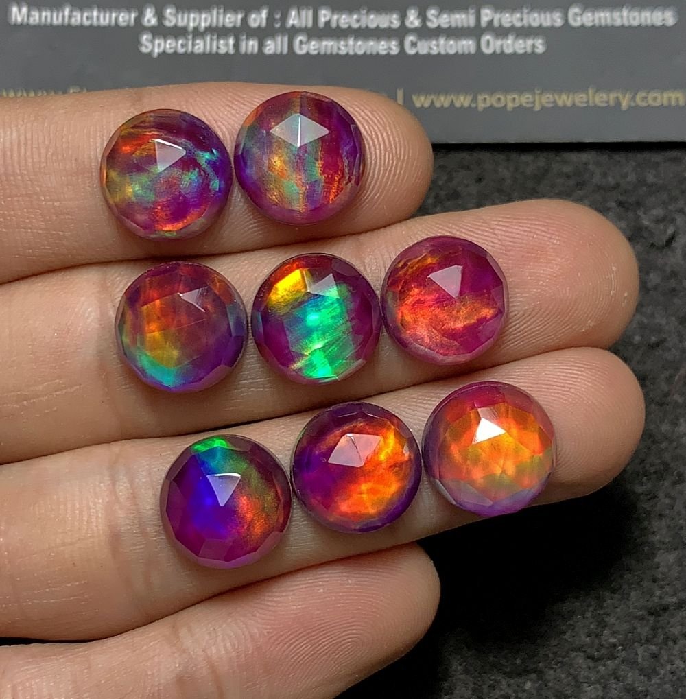 Purple Aurora Opal & Natural Himalayan Rock Crystal Quartz Doublets Rose Cut Round Shape Cabochons Aurora Opal Cabochons Loose Gemstones for Jewellery Making 12 MM 8 Pcs SM23654