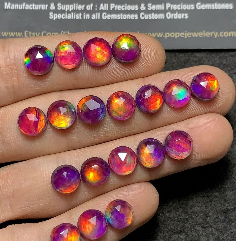 Purple Aurora Opal & Natural Himalayan Rock Crystal Quartz Doublets Rose Cut Round Shape Cabochons Aurora Opal Cabochons Loose Gemstones for Jewellery Making 8 MM 20 Pcs SM23656