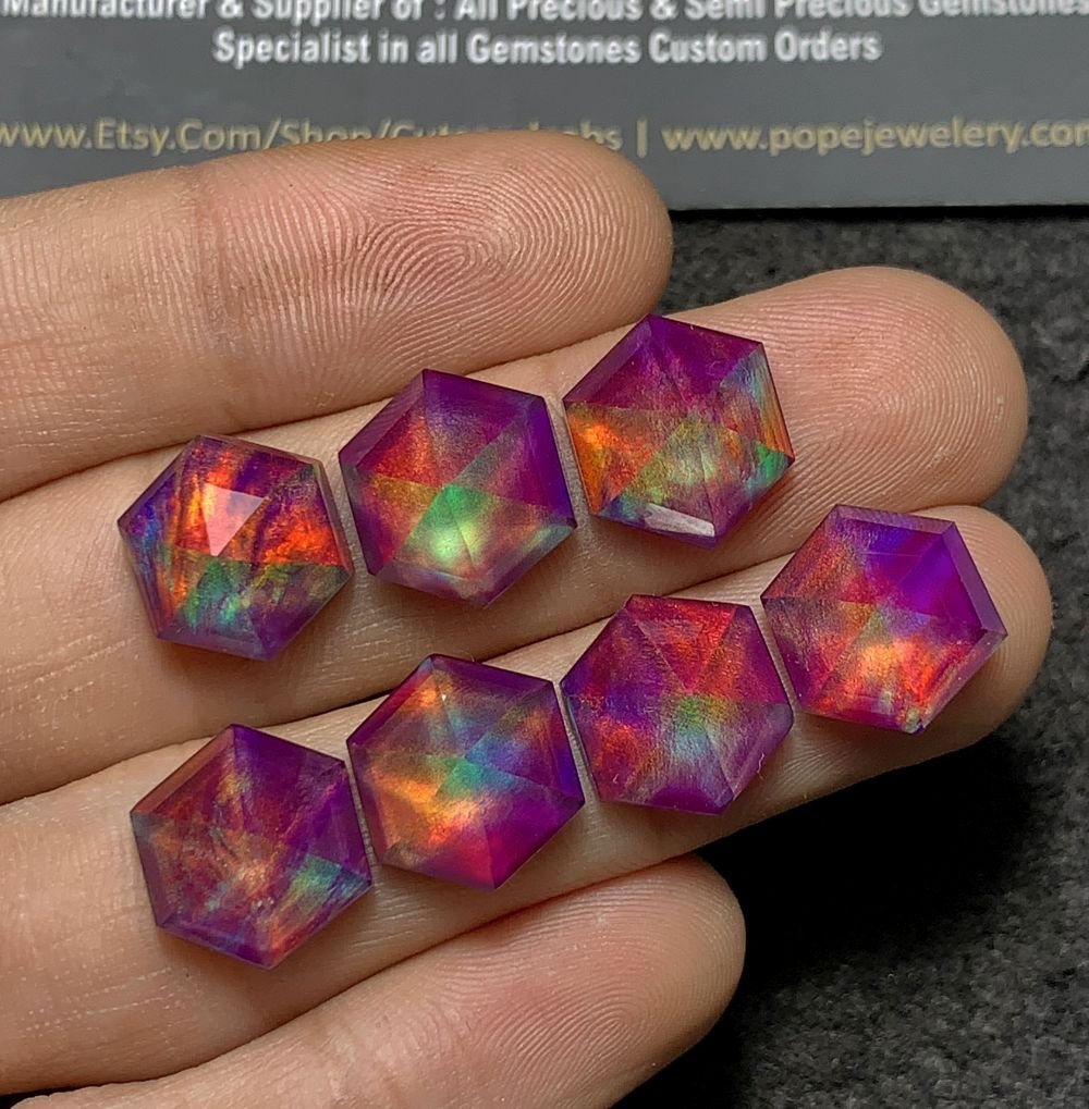 Purple Aurora Opal & Natural Himalayan Rock Crystal Quartz Doublets Step Cut Hexagon Shape Cabochons Aurora Opal Cabochons Loose Gemstones for Jewellery Making 12 MM 7 Pcs SM23662