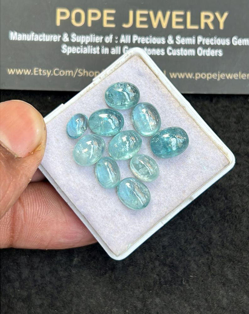Natural Aqua Kyanite Gemstone Smooth Oval Shape Cabochon High Quality Loose Gemstones For Jewelry Making 7-10 MM Size 10 Pcs V5098