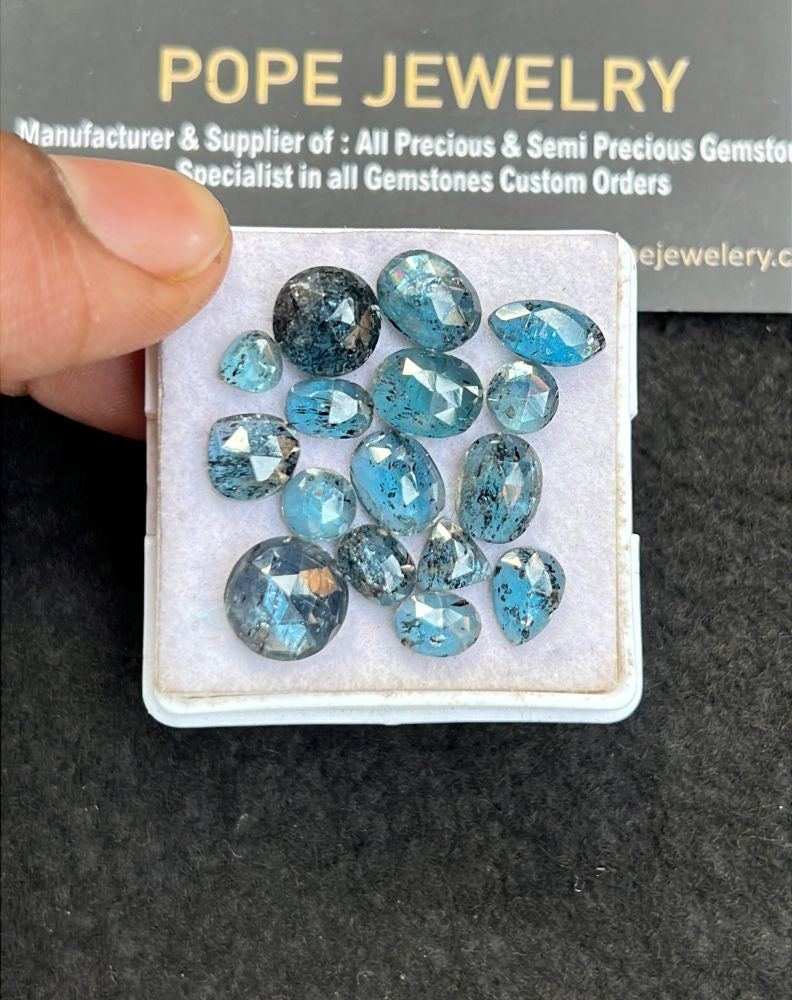 Natural Teal Green Kyanite Gemstone Rose Cut Mix Shape Cabochon High Quality Loose Gemstones For Jewelry Making 5-7 MM Size 16 Pcs V5102