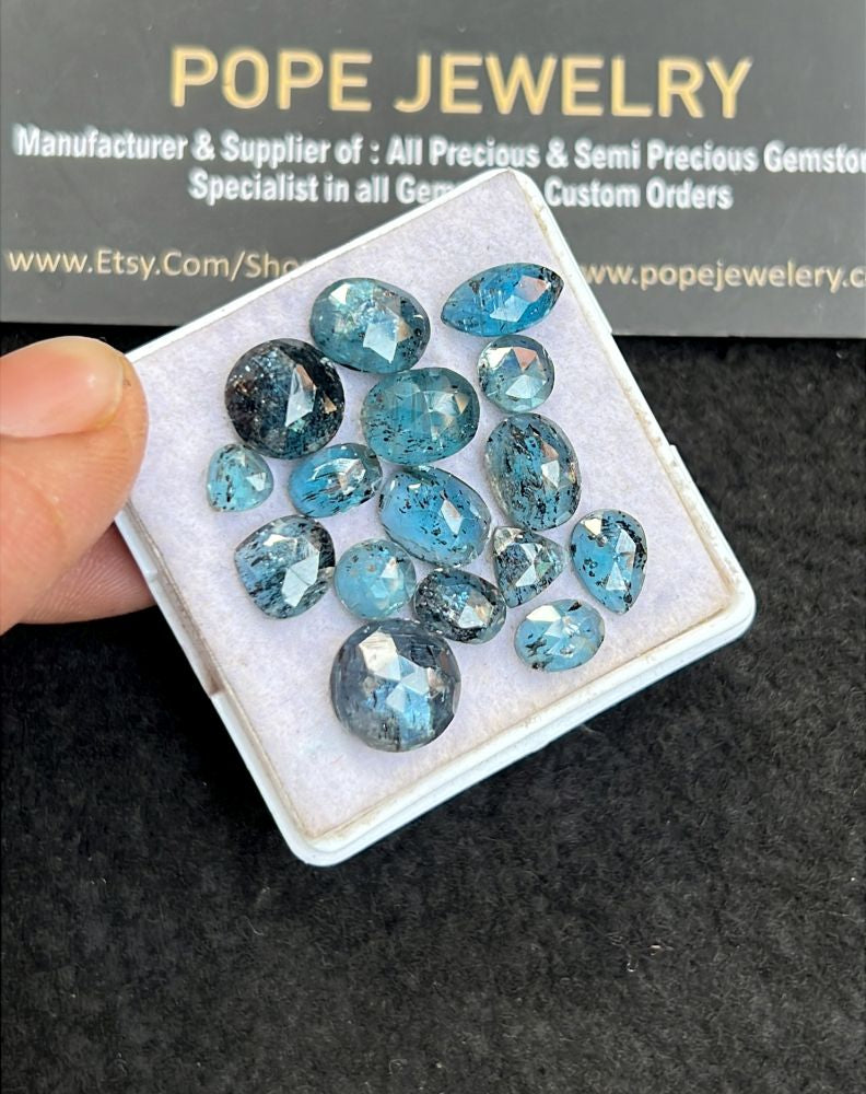 Natural Teal Green Kyanite Gemstone Rose Cut Mix Shape Cabochon High Quality Loose Gemstones For Jewelry Making 5-7 MM Size 16 Pcs V5102