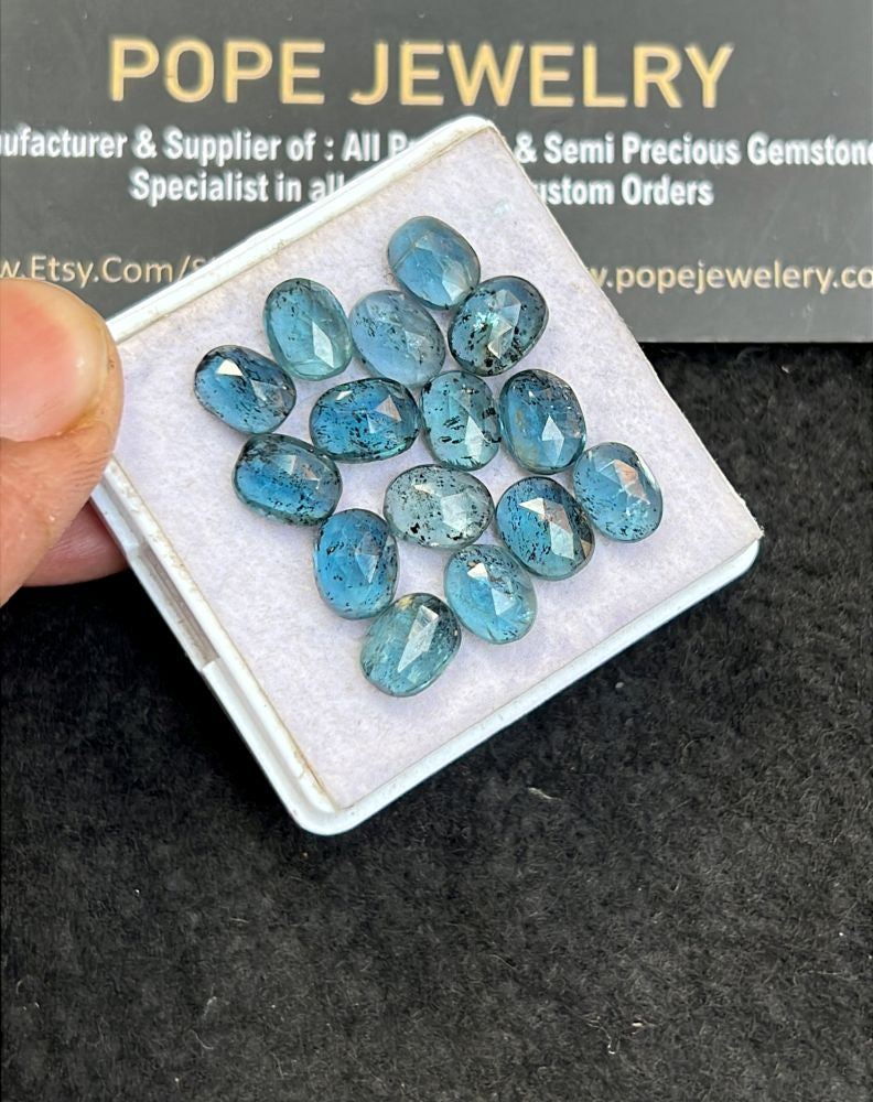 Natural Teal Green Kyanite Gemstone Rose Cut Oval Shape Cabochon High Quality Loose Gemstones For Jewelry Making 7-8 MM Size 15 Pcs V5104