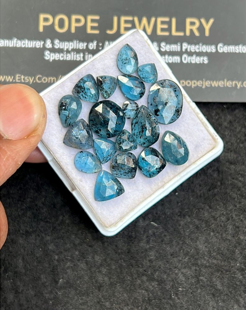 Natural Teal Green Kyanite Gemstone Rose Cut Mix Shape Cabochon High Quality Loose Gemstones For Jewelry Making 5-12 MM Size 18 Pcs V5106