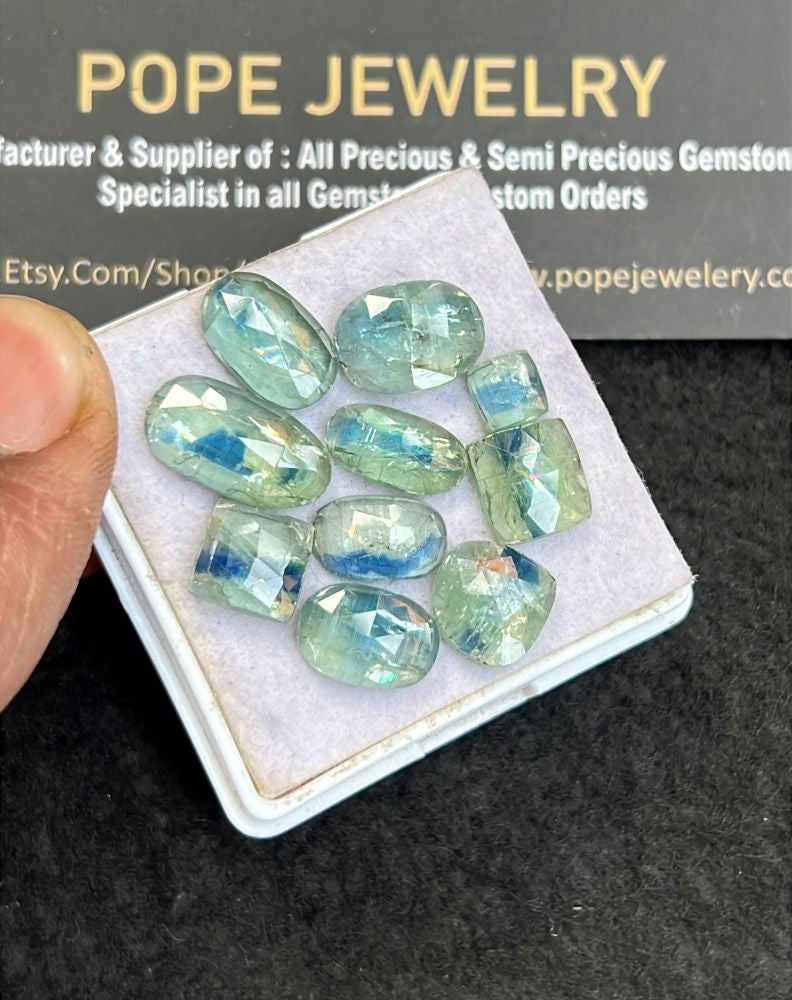 Natural Bi Color Kyanite Gemstone Rose Cut Mix Shape Cabochon High Quality Loose Gemstones For Jewelry Making 5-15 MM Size 10 Pcs V5112