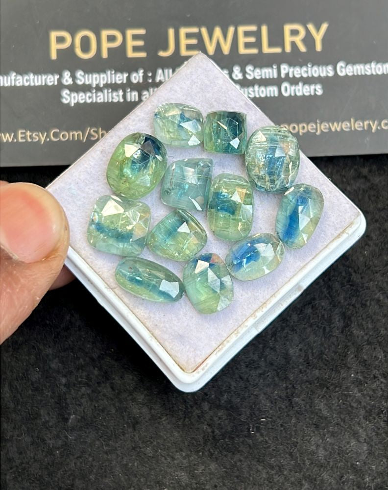 Natural Bi Color Kyanite Gemstone Rose Cut Mix Shape Cabochon High Quality Loose Gemstones For Jewelry Making 7-11 MM Size 12 Pcs V5113