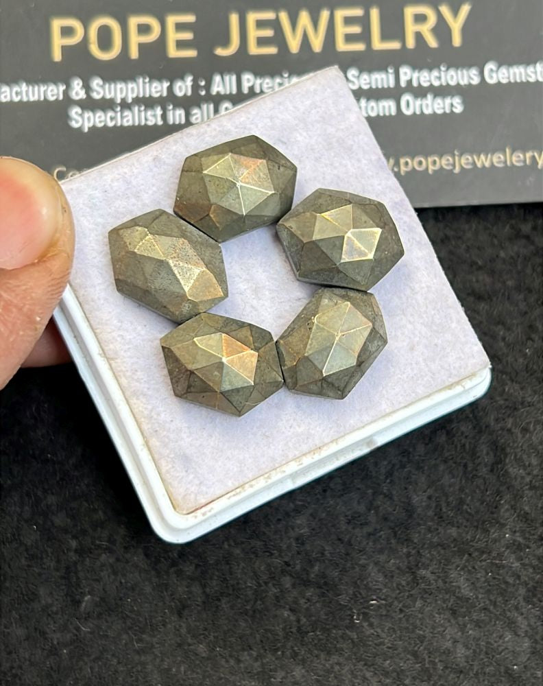 Natural Pyrite Gemstone Rose Cut Hexagon Shape Cabochon High Quality Loose Gemstones For Jewelry Making 14-15 MM Size 5 Pcs V5114