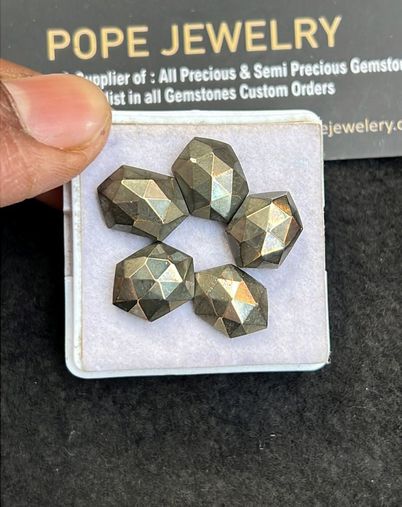 Natural Pyrite Gemstone Rose Cut Hexagon Shape Cabochon High Quality Loose Gemstones For Jewelry Making 14-15 MM Size 5 Pcs V5115