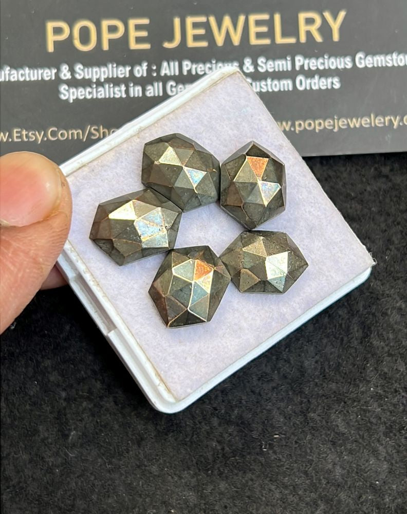 Natural Pyrite Gemstone Rose Cut Hexagon Shape Cabochon High Quality Loose Gemstones For Jewelry Making 14-15 MM Size 5 Pcs V5115