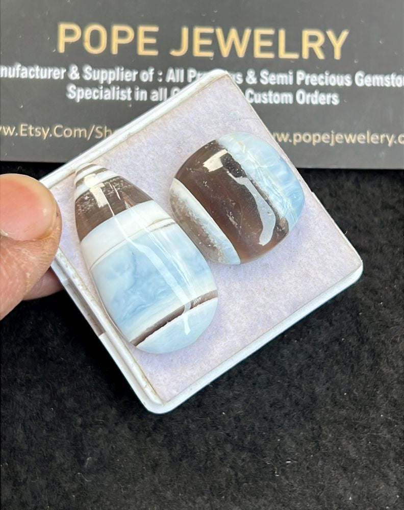 Natural Peruvian Blue Opal Gemstone Smooth Mix Shape Cabochon High Quality Loose Gemstones For Jewelry Making 19-33 MM Size 2 Pcs V5118