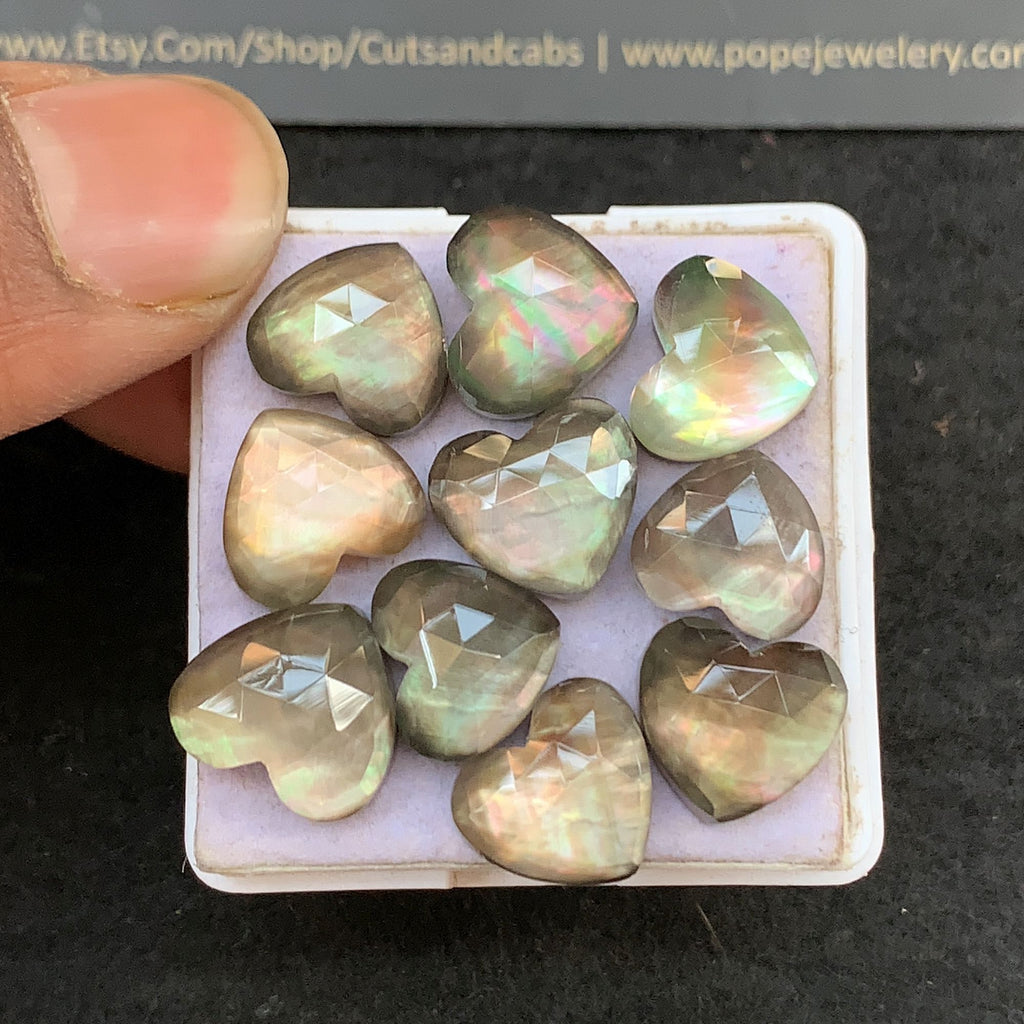 Natural Abalone Shell & Doublet Smoky Quartz Gemstone Rose Cut Heart Shape Cabochon High Quality Loose Gemstone For Jewelry Making Size 11-12 MM 10 Pcs V5273