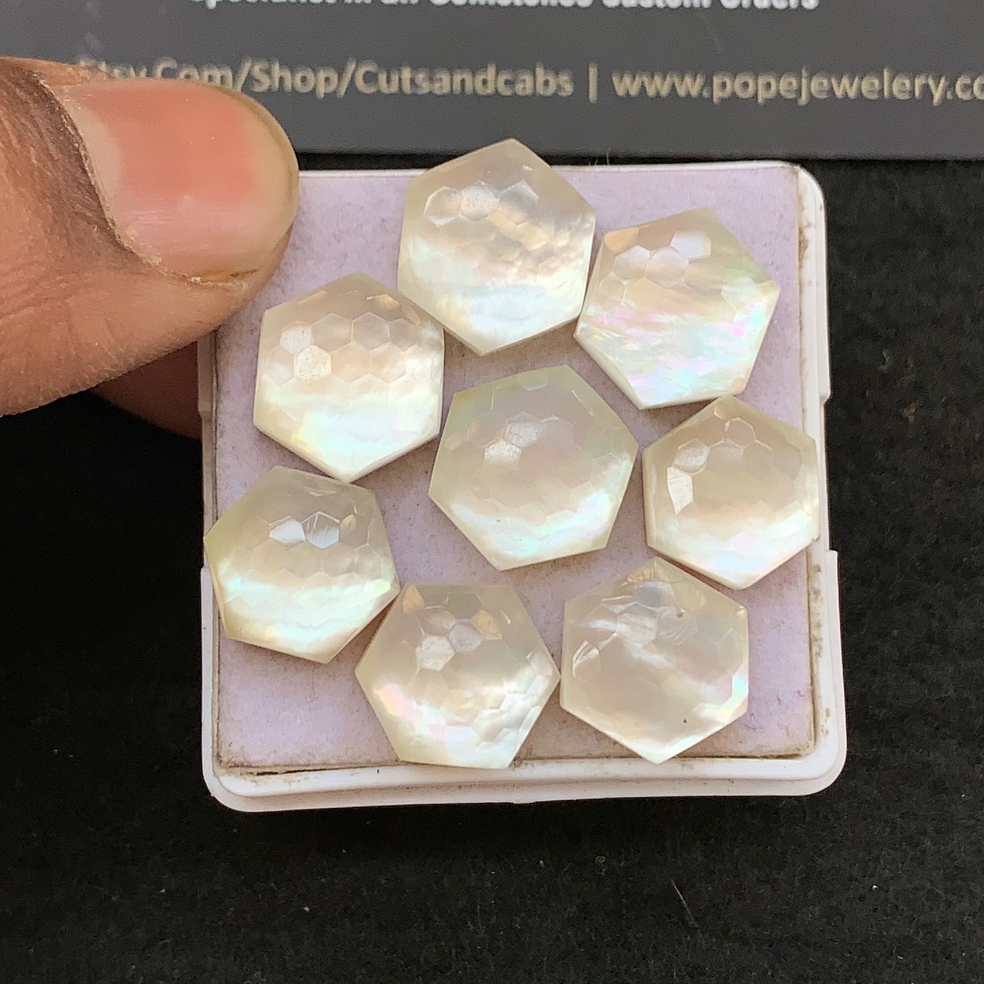 Natural Mother Of Pearl Doublet Gemstone Honey Comb Cut Hexagon Shape Cabochon Loose Gemstone For Jewelry Making Wholesalegems 11-12 MM Size 8 Pcs V5276
