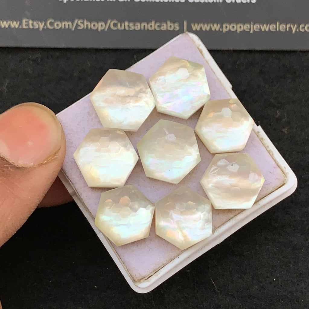 Natural Mother Of Pearl Doublet Gemstone Honey Comb Cut Hexagon Shape Cabochon Loose Gemstone For Jewelry Making Wholesalegems 11-12 MM Size 8 Pcs V5276