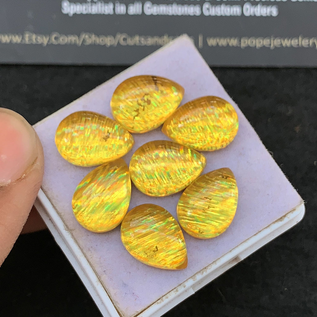 Aurora Opal and Natural Crystal Doublet Smooth Pear Cabochon High Quality Gemstone For Jewelry Making 14x10 MM Size 7 Pcs V5282