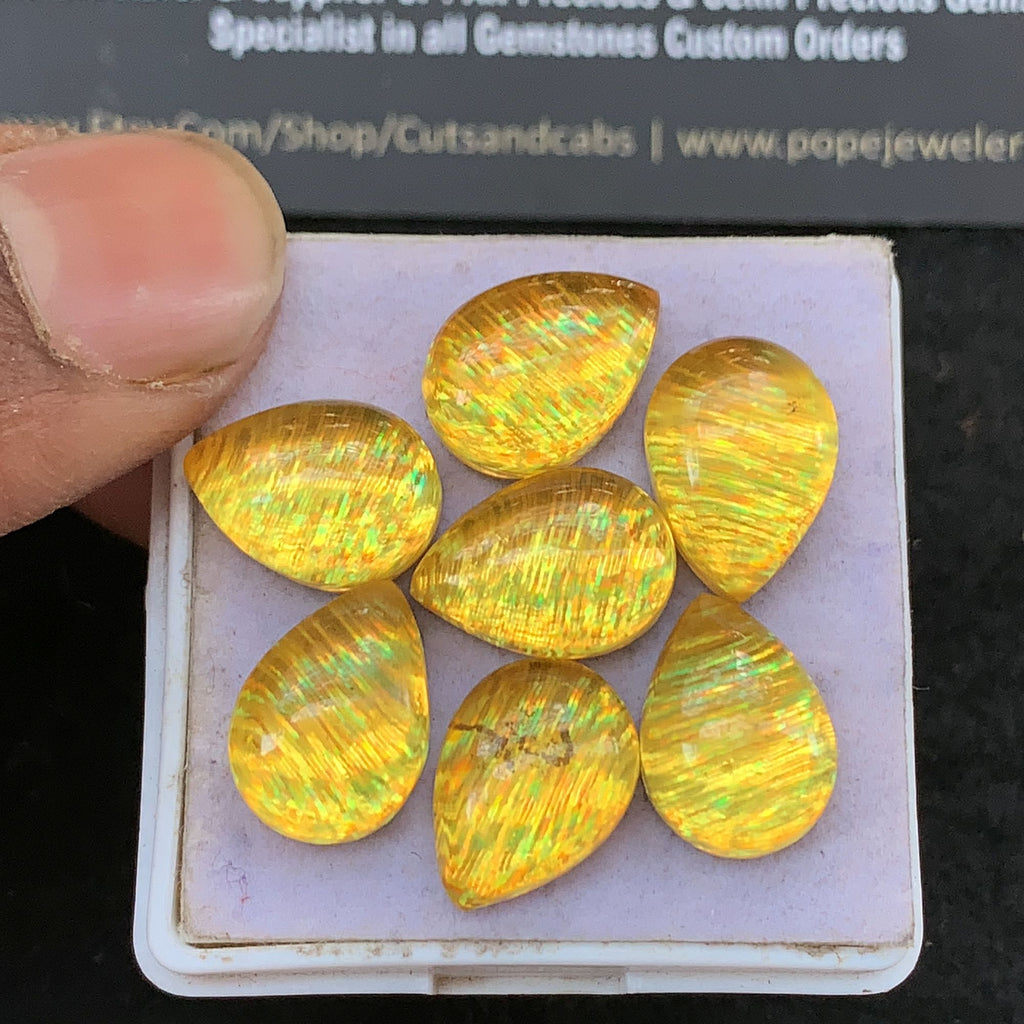 Aurora Opal and Natural Crystal Quartz Doublet Smooth Pear Cabochon High Quality Gemstone For Jewelry Making 14x10 MM Size 7 Pcs V5285