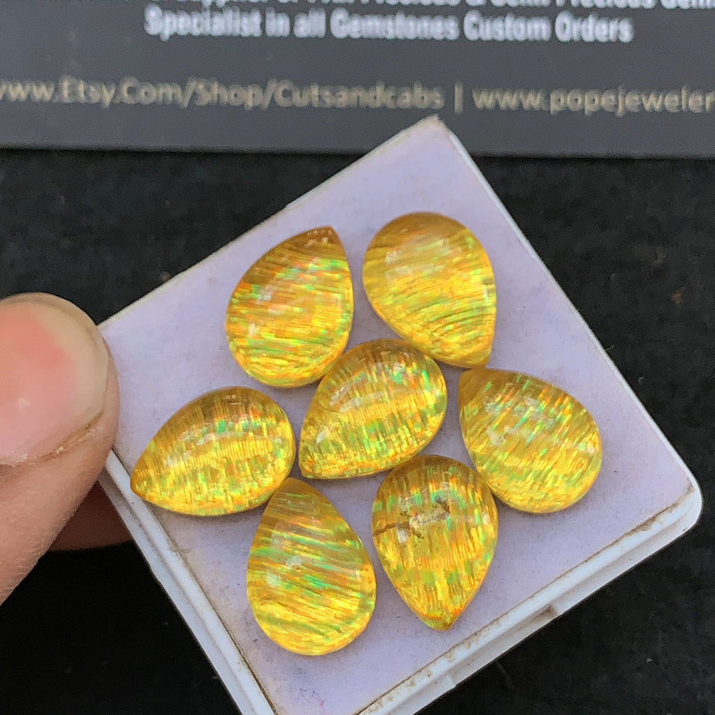 Aurora Opal and Natural Crystal Quartz Doublet Smooth Pear Cabochon High Quality Gemstone For Jewelry Making 14x10 MM Size 7 Pcs V5285