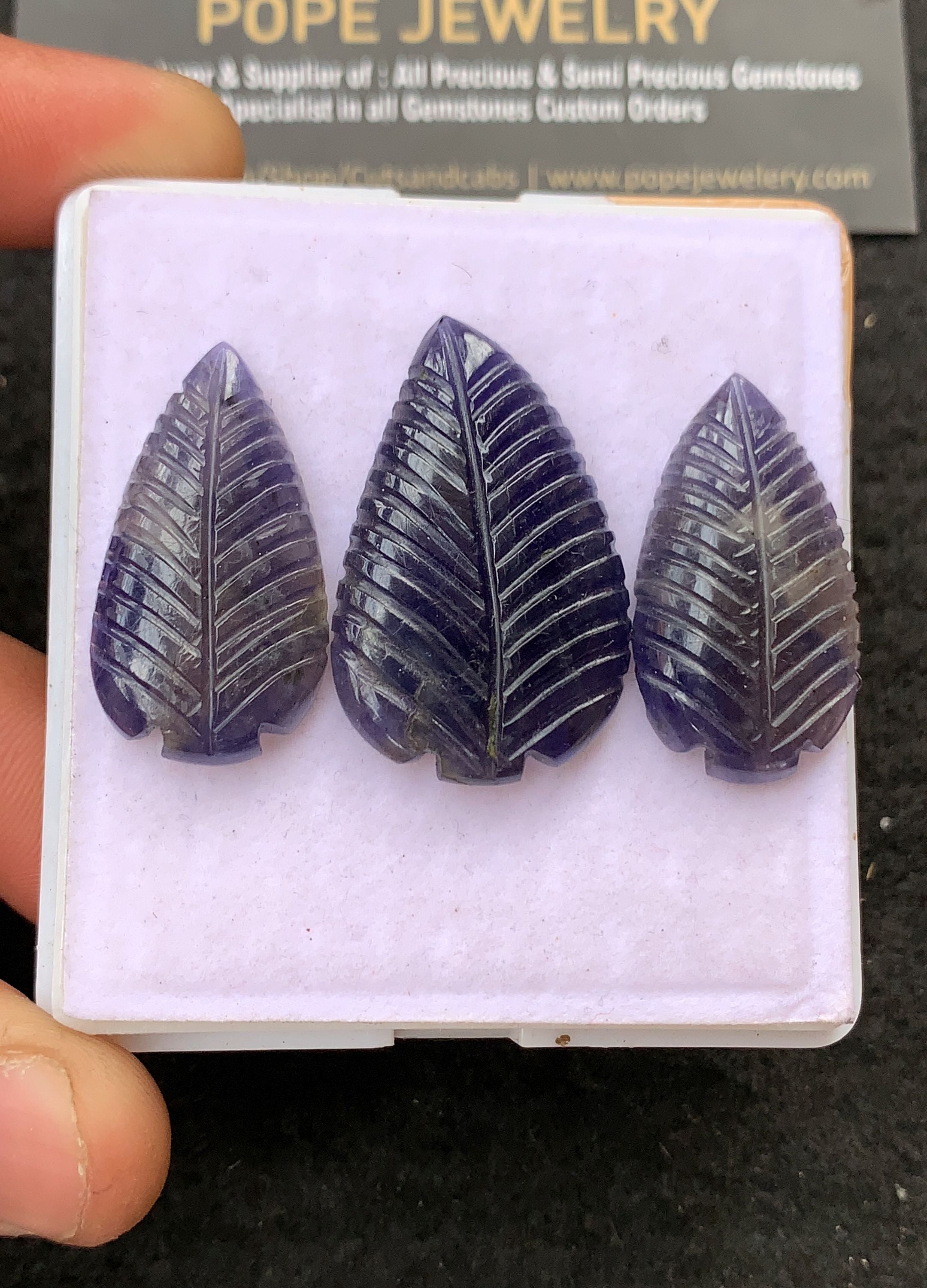 Natural Iolite Hand Carved Leaf Shape Cabochon High Quality Loose Gemstones For Jewelry Making 30-34 MM Size 3 Pcs V5304