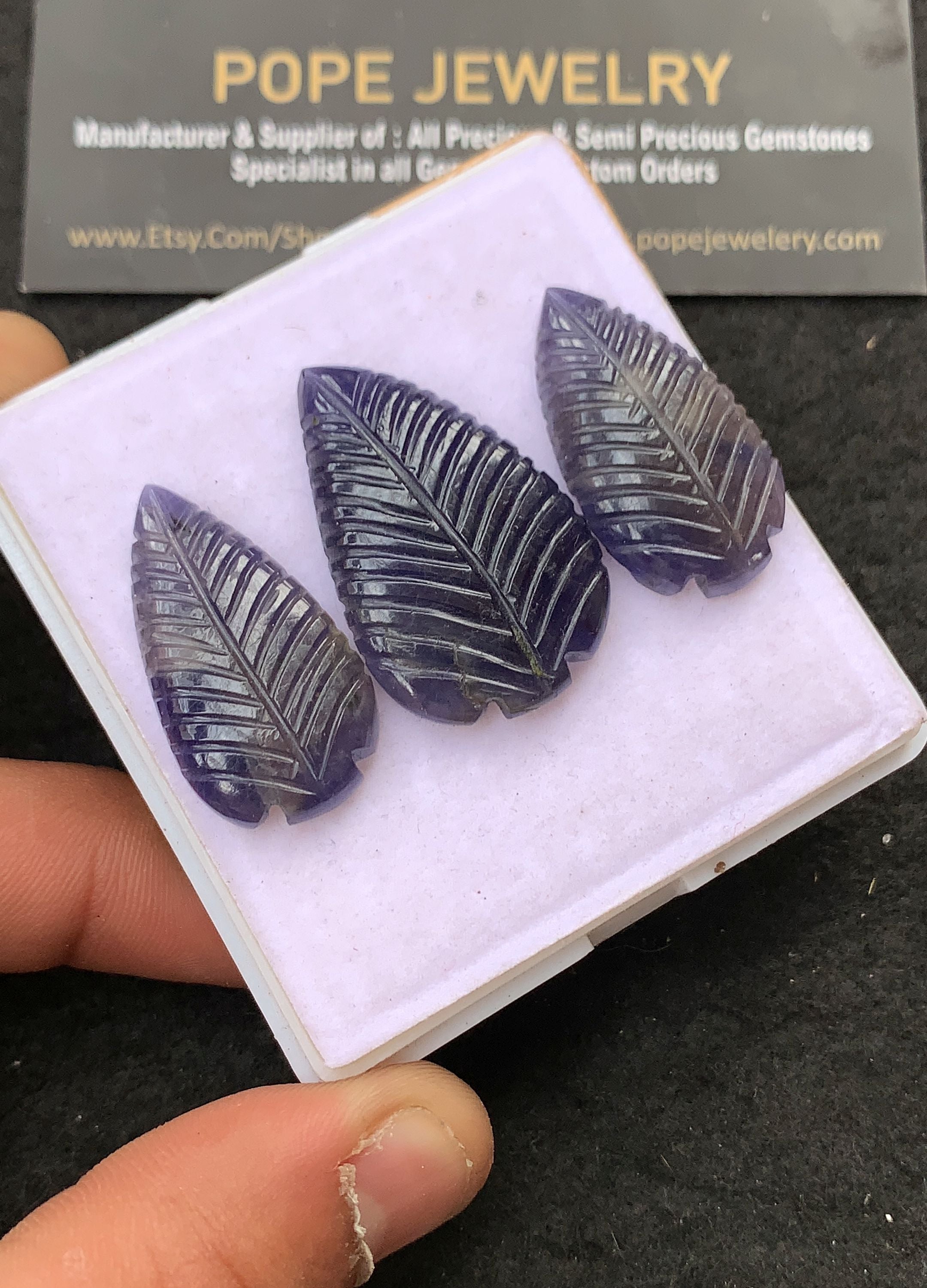 Natural Iolite Hand Carved Leaf Shape Cabochon High Quality Loose Gemstones For Jewelry Making 30-34 MM Size 3 Pcs V5304