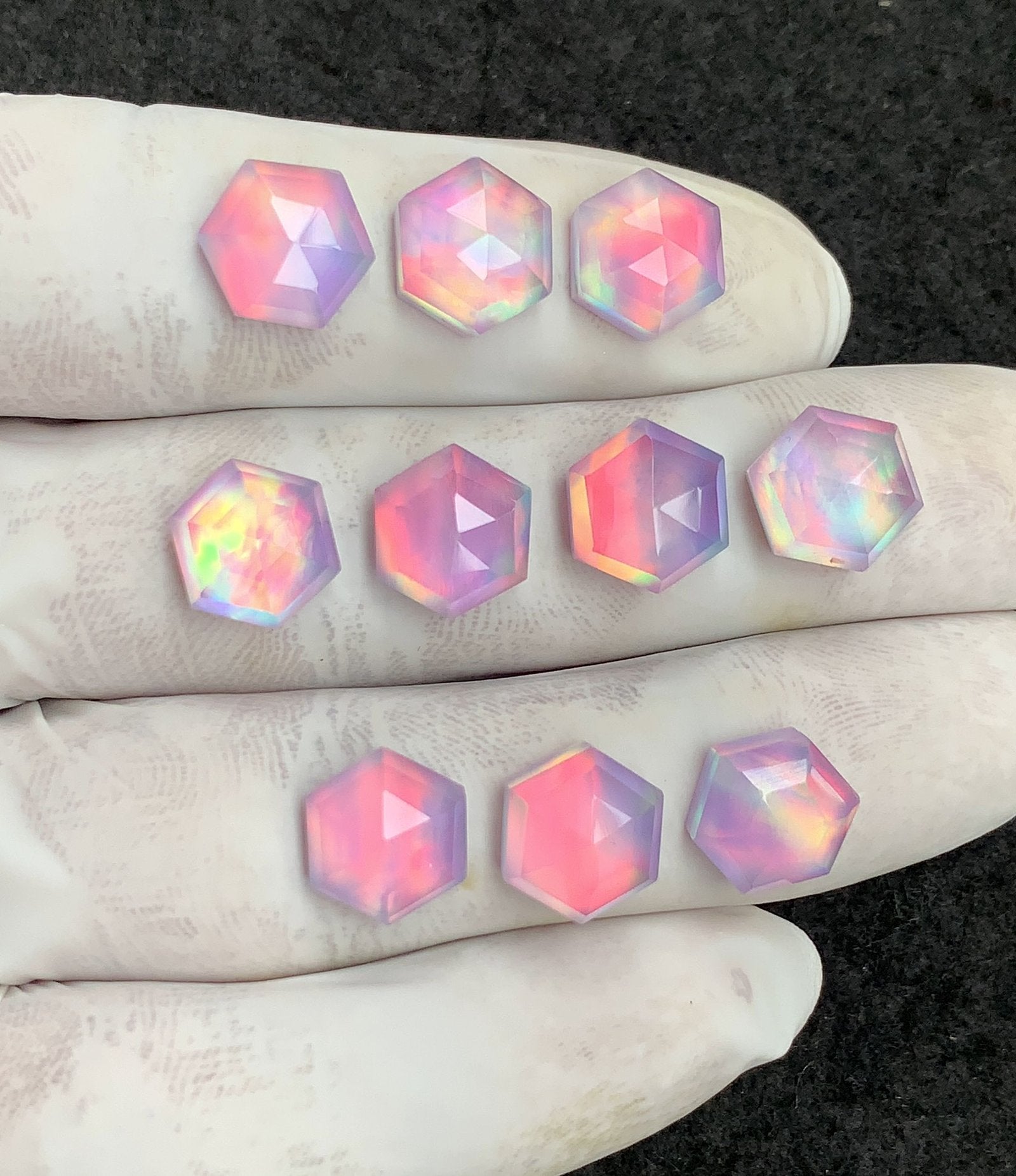 Aurora Opal & Natural Himalayan Rock Crystal Doublet Gemstone Step Cut Hexagon Shape Cabochon High Quality Loose Gemstones For Jewelry Making 10 MM Size 10 Pcs V4460