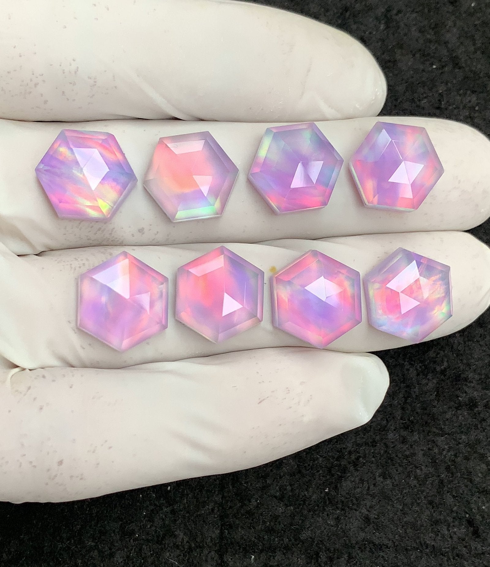 Aurora Opal & Natural Himalayan Rock Crystal Doublet Gemstone Step Cut Hexagon Shape Cabochon High Quality Loose Gemstones For Jewelry Making 12 MM Size 8 Pcs V4461