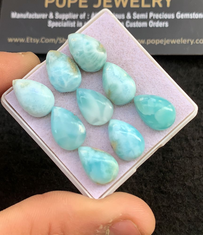 Natural Larimar Gemstone Smooth Pear Shape Cabochon High Quality Loose Gemstones For Jewelry Making 13x9 MM Size 9 Pcs V5123