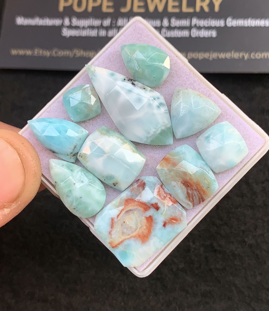 Natural Larimar Gemstone Rose Cut Mix Shape Cabochon High Quality Loose Gemstones For Jewelry Making 7-25 MM Size 10 Pcs V5124