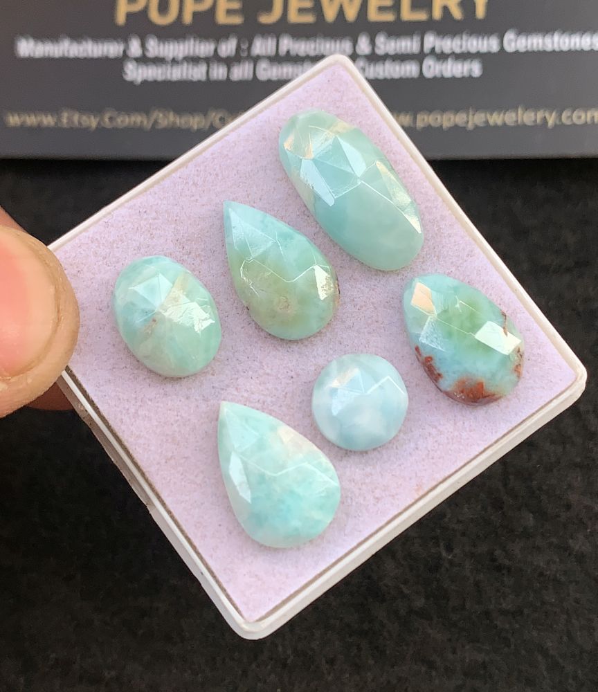 Natural Larimar Gemstone Rose Cut Mix Shape Cabochon High Quality Loose Gemstones For Jewelry Making 9-13 MM Size 6 Pcs V5125